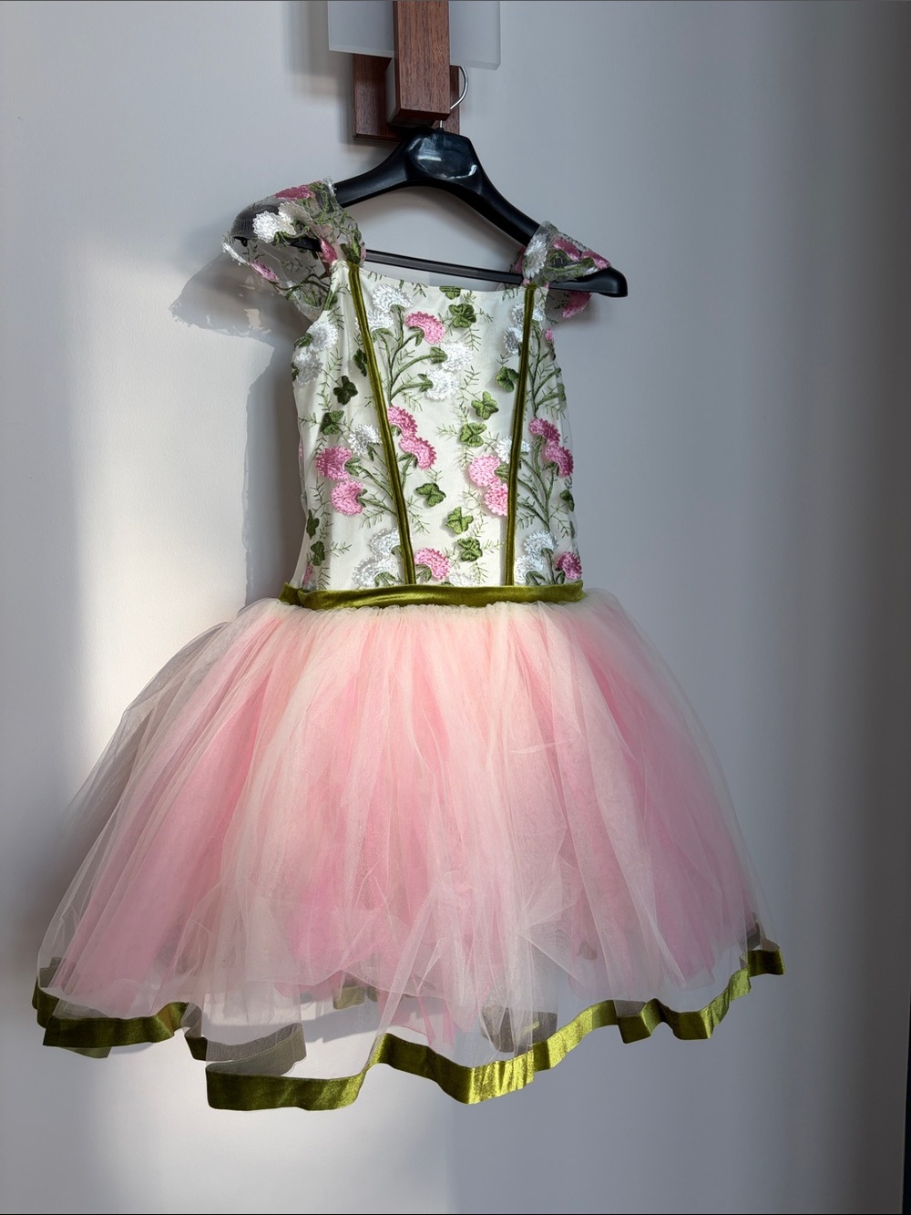 Pink Floral Tulle Dance Costume with Green Trim